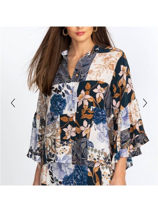 Johnny Was Tops - Johnny Was Leo Button Down Navy and Cream Floral Blouse SILK